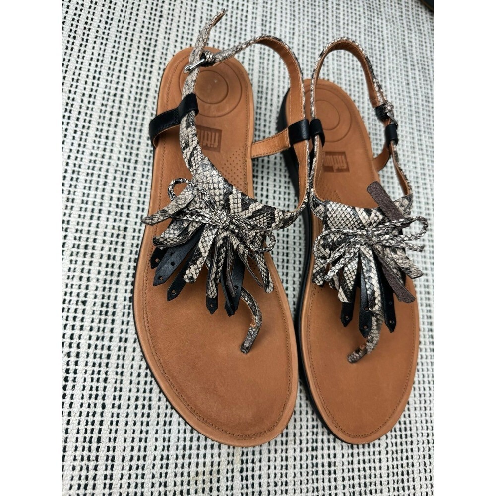 Fitflop Womens 9 Tia Fringe Thong Sandals Snakeskin Taupe Shoes - Picture 4 of 7